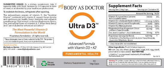 Ultra D3 advanced vitamin D+K formula, 60 cap product label