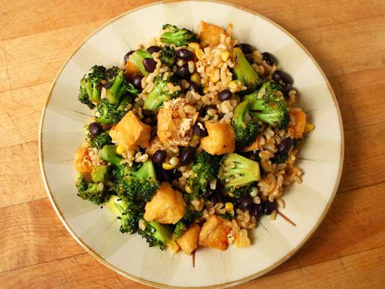 Baked Tofu With Black Beans and Steamed Brown Rice